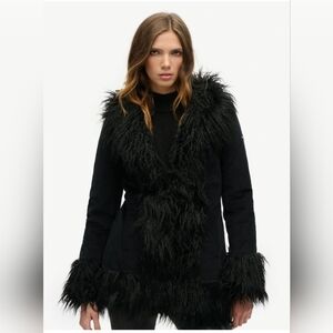 Superdry Women's Black Faux Fur Afghan Coat